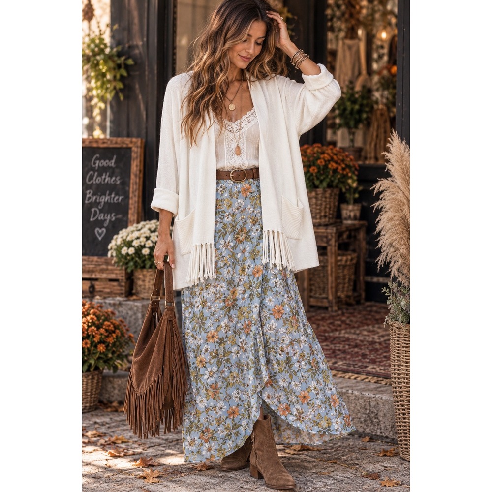 Magaschoni Luxurious Snowglobe Fringe Cardigan White Open Front L Boho Coastal
